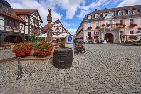Market fountain on the market square in Michelstadt, Odenwald, Odenwaldkreis, Hesse, Germany,