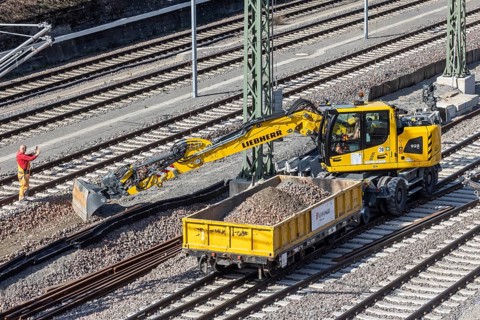 Untertürkheim railway sidings with construction machinery for track construction. Construction site