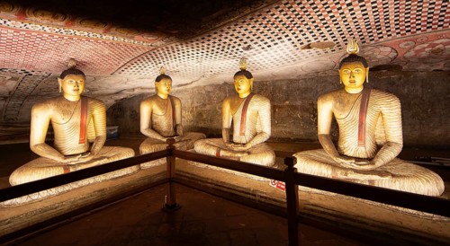 Seated Buddha statues in the Dambulla cave temple, Dambulla, Central Province, Sri Lanka, Asia