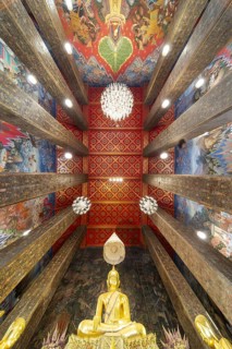 Frog's-eye view: coffered ceiling and golden Buddha statue, Bhumispara-mudra, Buddha Gautama at the