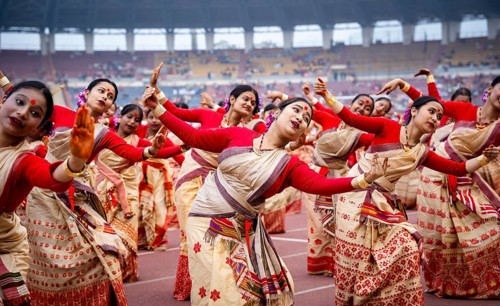 Students wait to perform Bihu dance as they participate in Samutkarsh Mahashivir organised by Vidya