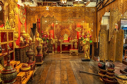 Asian souvenirs in a shop at the Indochina Market Tha Sadet, Nong Khai, Thailand, Asia