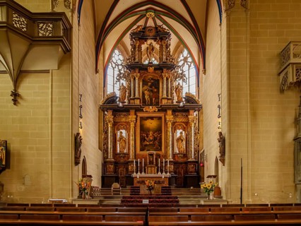 Nave and high altar, interior photograph of the Severikirche in Erfurt, Thuringia, Germany, for