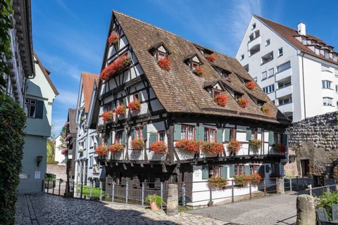 The leaning house, historic half-timbered house, sight in the fishermen's quarter and old town of