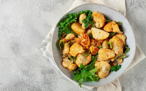 Fried cauliflower salad, with spices and herbs, homemade, no people