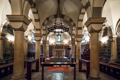 Interior view, crypt, Romanesque monastery church, Maria Laach Benedictine Abbey, Eifel,
