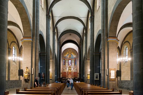 Interior view, Romanesque monastery church, Benedictine Abbey Maria Laach, Eifel,