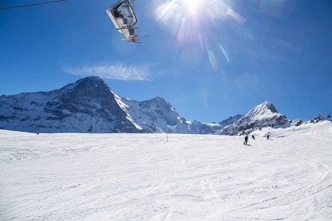 25 March 2024: Skiing against the backdrop of the north face of the Eiger in Grindelwald,