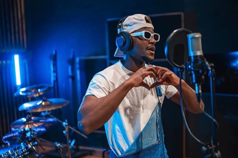 Young stylish male singer making heart shape with hands while recording new hit song in