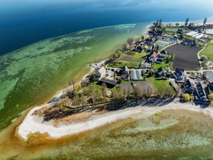 Aerial view of the north-western tip of the island of Reichenau at low tide, Lake Constance,