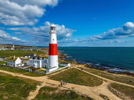 Portland Bill Lighthouse from a drone, Portland Bill, Isle of Portland, Dorset, England, United