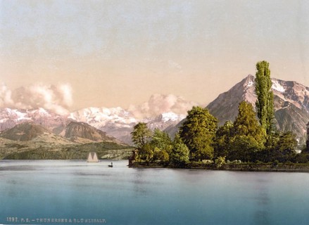 Thun, See von, Blümlisalp und Niesen, Bernese Oberland, Switzerland, Historic, digitally restored