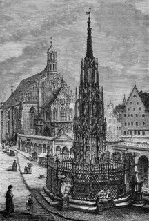 Market square with Schöner Brunnen and Gothic Church of Our Lady, Roman Catholic parish church of