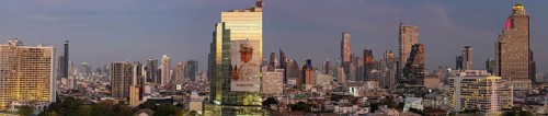 Panorama from the viewing platform of the Iconsiam on CAT Tower with huge billboard of the Thai