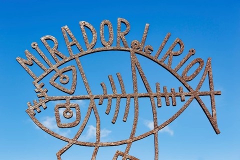 Iron sign, Mirador del Rio, sculpture by architect Cesar Manrique, landmark, Lanzarote, Canary