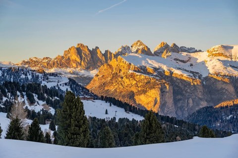 Beautiful landscape of the Mountain silhouettes of the Sexten Dolomites on a sunny winter day,