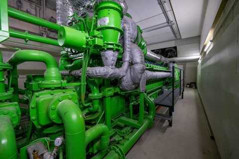Biogas plant, gas-powered engine for electricity production, generator, in combined heat and power