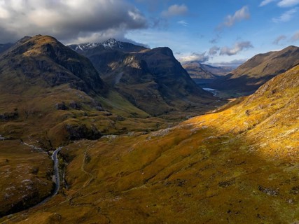 Cloudy mood, morning light, road, valley, mountains, aerial view, autumn, Glencoe, Three Sisters,