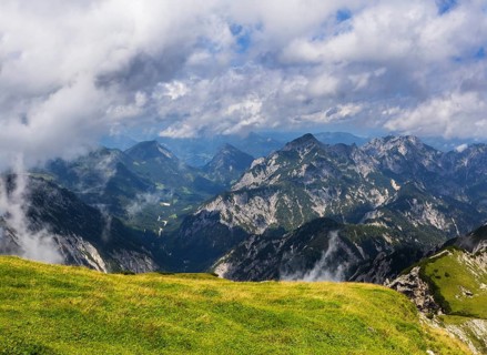 View from Gamsfeld to Rinnkogel and Rettenkogel, Osterhorn group, Salzkammergut, Salzburg province,