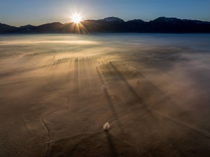 Sunrise, fog, hoarfrost, mountains, winter, backlight, aerial view, Loisach-Lake Kochel moor,
