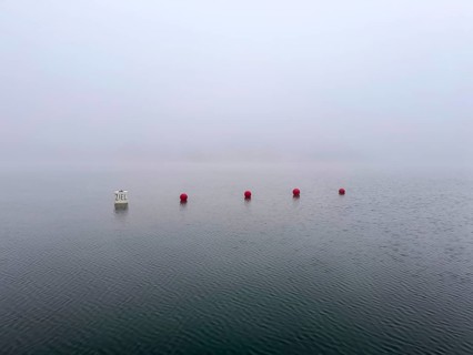 Buoys for water sports in dense fog on Lake Baldeney in Essen, foggy weather in winter, North