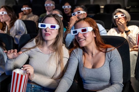 Two young women wearing 3d glasses are watching a movie and eating popcorn in a crowded movie