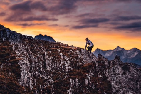 Trail running on the Grubigstein in the Tiroler Zugspitzarena in Tyrol in the Alps in Austria