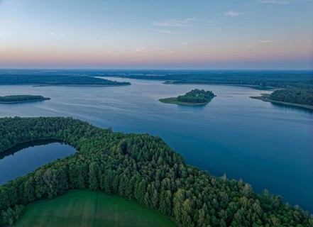Aerial view of Lake Wigry and the landscape in the Wigry National Park in northern Poland in the