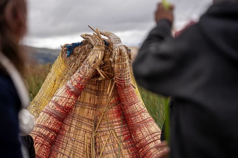 Reed boat, Uros island, Titicaca lake, Puno, Peru, South America