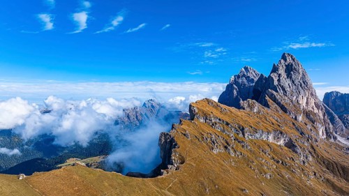 The Sas Rigais and Furchetta peaks of the Odle Group, drone shot, Val Gardena, Dolomites,