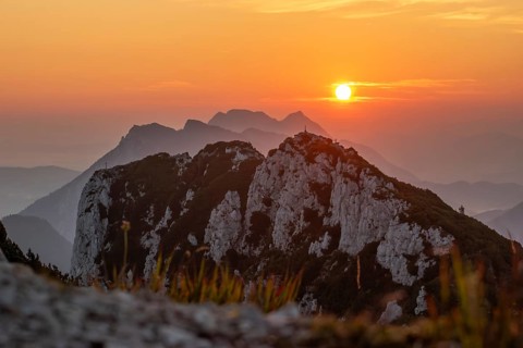 Sunrise in the nature reserve Eastern Chiemgau Alps with Hörndlwand and behind it Rauschberg and