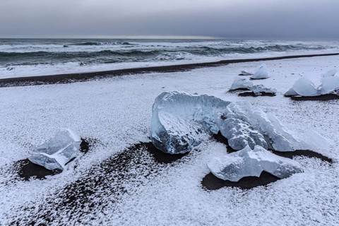 Ice floes on the beach, snowy, waves, sea, clouds, winter, Diamond Beach, Breidamerkursandur,