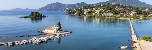 Vlacherna Monastery and Mouse Island in the Mediterranean from above Panorama on the island of
