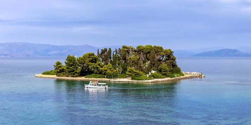 Mouse Island in the sea panorama on the island of Corfu, Greece, Europe