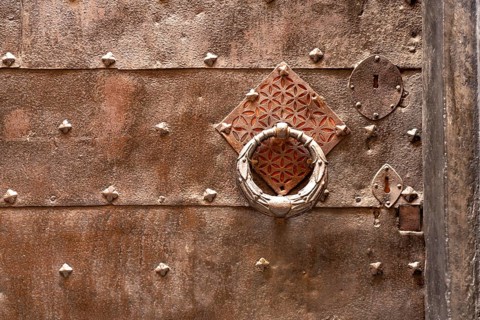 Metal door knocker, in Finalborgo, Finale Ligure, Riviera di Ponente, Liguria, Italy, Europe