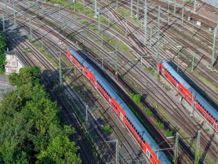 Track apron at Stuttgart main station with regional trains, infrastructure of Deutsche Bahn AG.