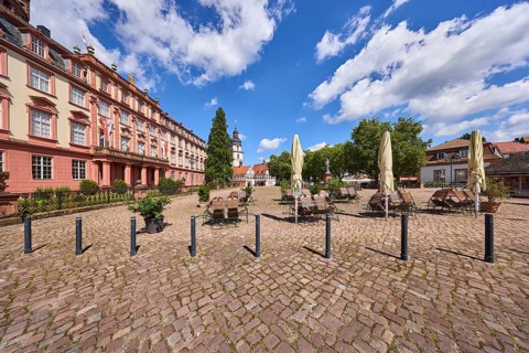 Erbach Castle, outdoor area of a restaurant with tables, chairs and parasol, bollards, trees,