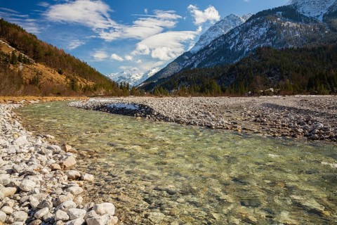 Isar valley nature conservancy area. The wild Isar river flows through its gravel bed