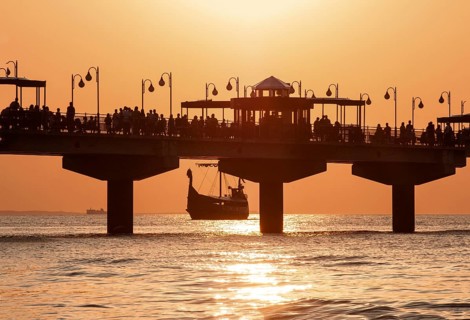 Sunset at the pier in Miedzyzdroje, Western Pomerania, Poland, East Europe, Europe