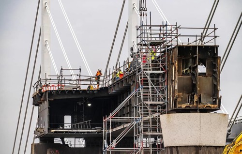 Demolition of the old Rhine bridge Neuenkamp, the A40, behind the first of 2 new bridges, which is