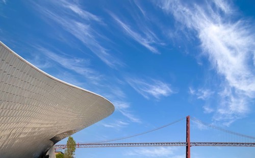 Lisbon, Landmark suspension 25 of April bridge over Tagus reiver near Belem tower