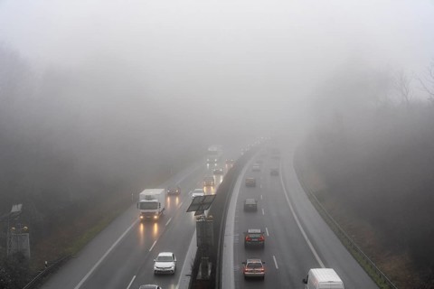 Dense fog, with visibility sometimes less than 100 metres, A52 motorway, in Essen, North