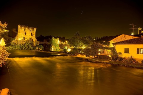 Night shot Mincio river and town, Borghetto, Valeggio sul Mincio, Province of Verona, Italy, Europe