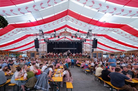 Music band in the well-attended beer tent at the time of the Kulmbach Beer Week, Kulmbach, Upper