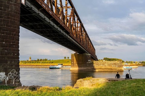 The railway bridge Duisburg-Hochfeld-Rheinhausen, over the Rhine, regional trains and many goods