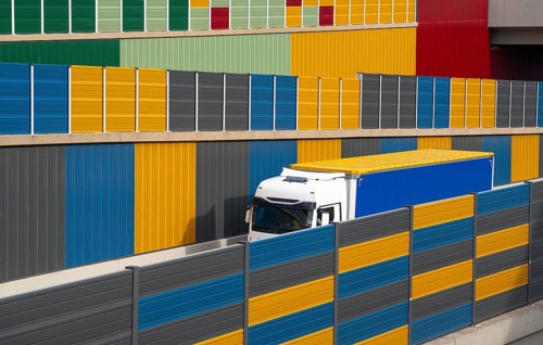 Colourful noise barriers on the A52 motorway, at the Essen-Rüttenscheid junction, the noise