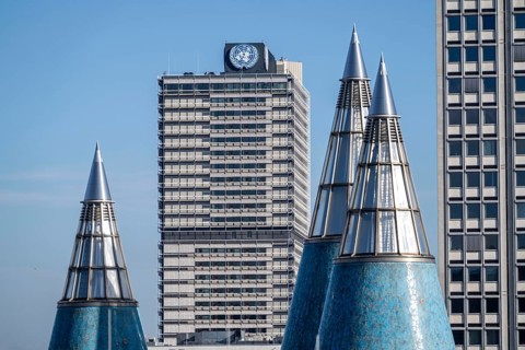 Building of the UN Campus in Bonn, towers, light cone of the Bundeskunsthalle, Museum Mile, North