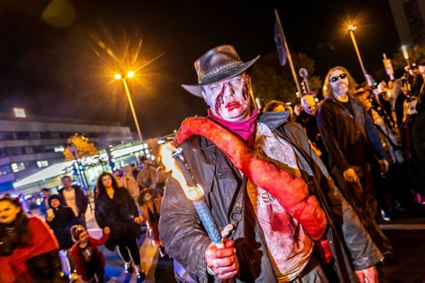 The Zombiewalk in Essen, on Halloween several hundred people, some dressed as scary zombies,