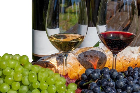 Symbolic image of grape grape harvest: Ripe grapes decorated with wine glasses on a wooden table