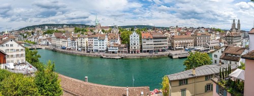 City view, panorama, Limmat and Grossmünster, from Lindenhof, Old Town of Zurich, Switzerland,